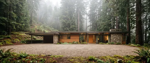 Mid-Century Modern House in Misty Forest