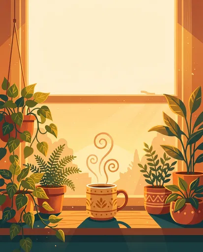 Steaming Mug on Sunlit Plant Windowsill