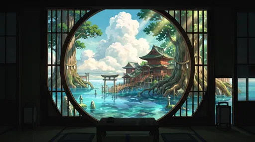 Anime Shrine View Through Circular Window