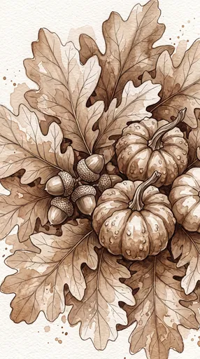 Sepia Watercolor Autumn Leaves and Pumpkins