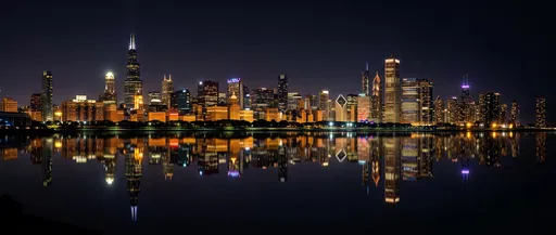 Chicago Skyline Night Panorama With Reflection