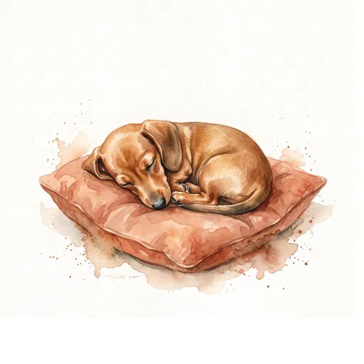 Watercolor Sleeping Dachshund Puppy on Cushion