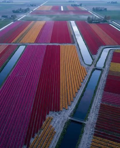 Aerial View of Colorful Dutch Tulip Fields