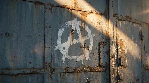 Weathered Anarchy Symbol on Rusted Blue Door