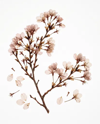 Pressed Cherry Blossom Branch on White