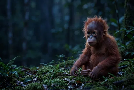 Baby Orangutan on Mossy Forest Floor