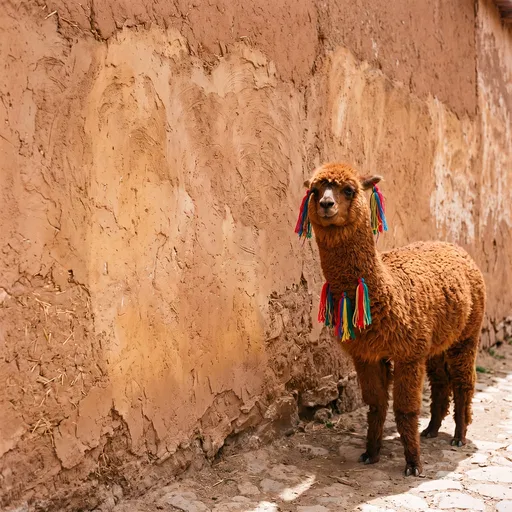Brown Alpaca Beside Textured Adobe Wall