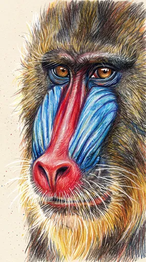 Vibrant Mandrill Face Colored Pencil Drawing