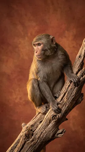 Rhesus Macaque Portrait on Driftwood Branch