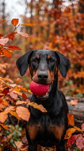 Doberman Holding Red Ball in Autumn