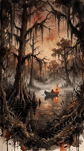 Haunted Cypress Swamp Watercolor Illustration