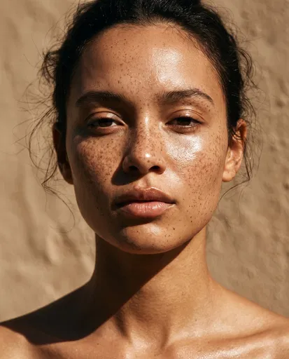 Sunlit Close-Up Portrait of Freckled Woman