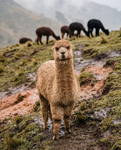 Damp Fawn Alpaca on Muddy Hillside