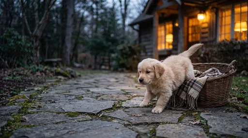 Golden Retriever Puppy Leaving Wicker Basket