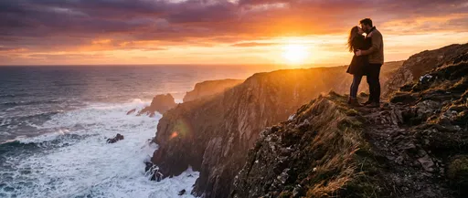 Couple Kissing on Coastal Cliff at Sunset