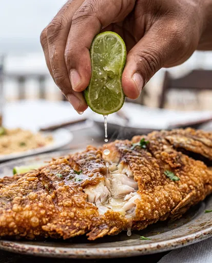 Hand Squeezing Lime Over Fried Fish