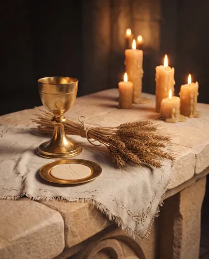 Golden Chalice and Communion Wafer on Altar