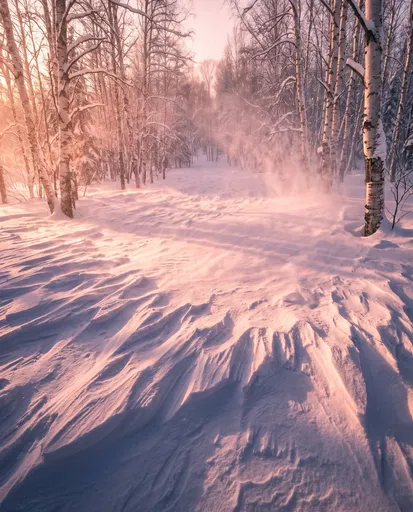 Snowy Birch Forest Clearing at Sunset