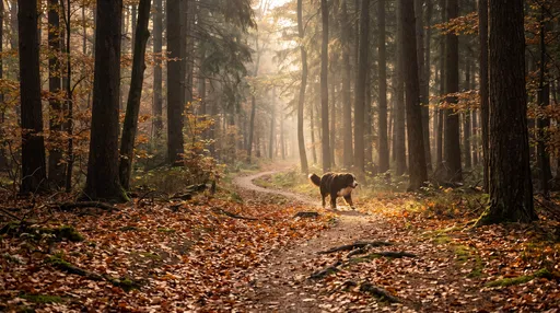 Bernese Mountain Dog on Autumn Trail