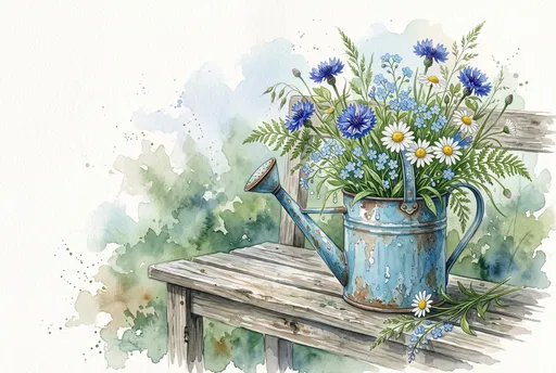 Watercolor Blue Watering Can With Wildflowers