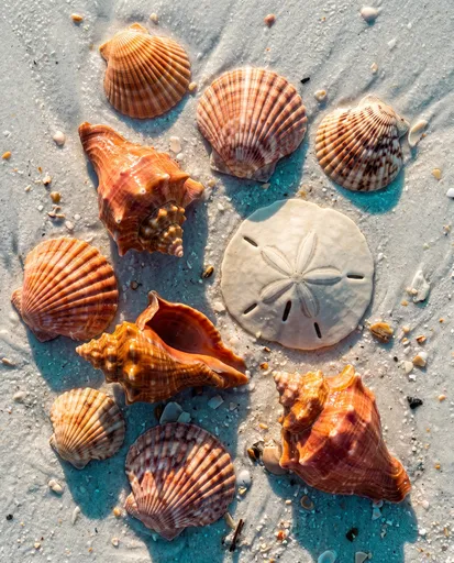 Seashells and Sand Dollar on Beach Sand