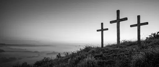Three Wooden Crosses on Misty Hillside