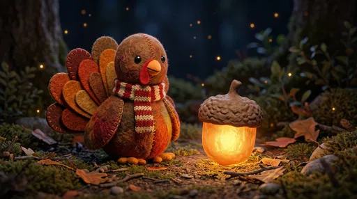 Felt Turkey Beside Glowing Acorn Lantern