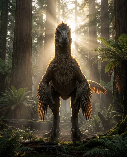 Feathered Utahraptor in Sunlit Prehistoric Forest