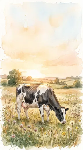 Watercolor Holstein Cow Grazing in Meadow