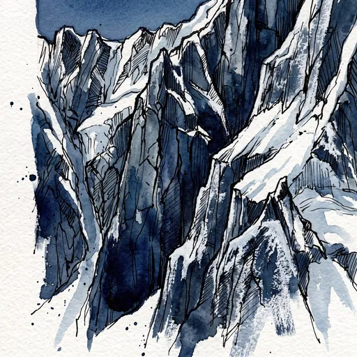 Ink and Watercolor Alpine Mountain Crag