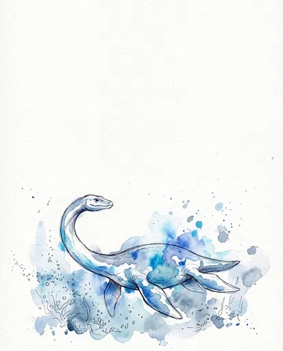 Blue Watercolor and Ink Plesiosaur Illustration
