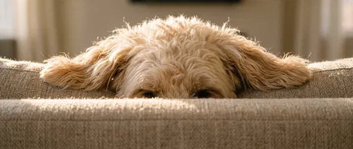 Goldendoodle Peeking Over Beige Sofa