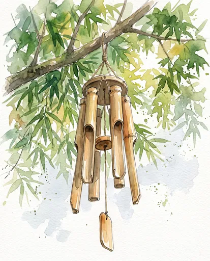 Watercolor Bamboo Wind Chimes in Tree