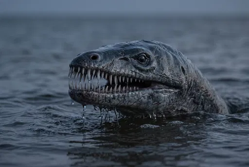 Prehistoric Marine Reptile Emerging From Dark Water