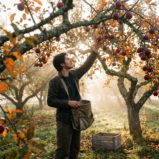 Man Picking Apples in Autumn Orchard