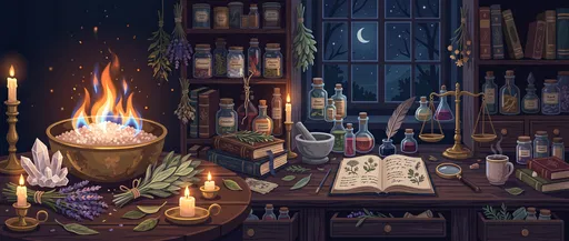 Cozy Nighttime Apothecary Desk Illustration