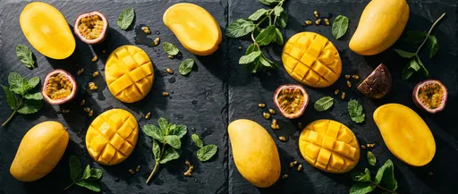 Yellow Mangoes Passionfruit and Mint on Slate