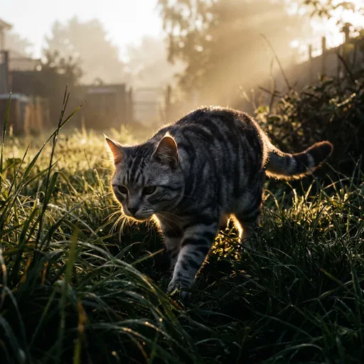 Silver Tabby Cat in Morning Grass