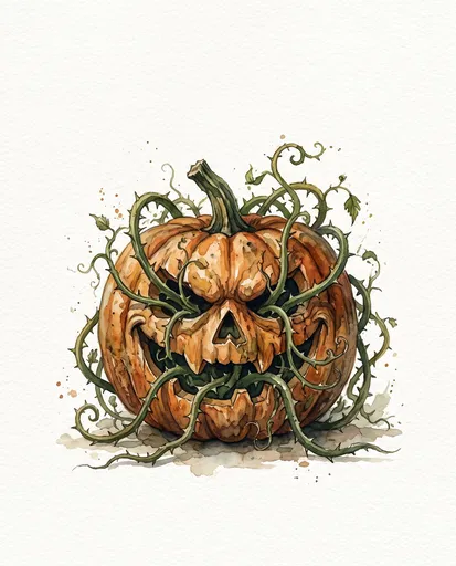 Spooky Watercolor Jack-O'-Lantern With Thorny Vines
