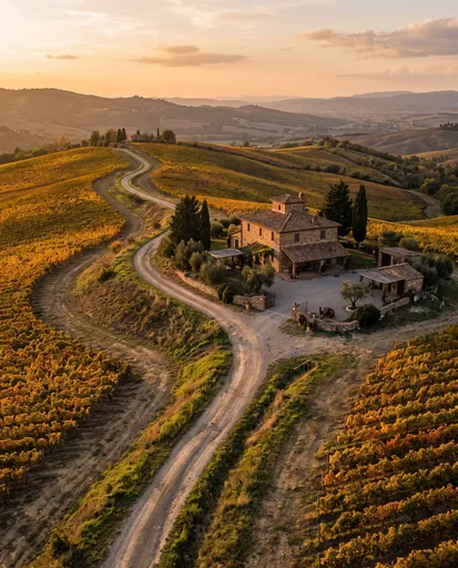 Sunset Aerial of Vineyard Stone House