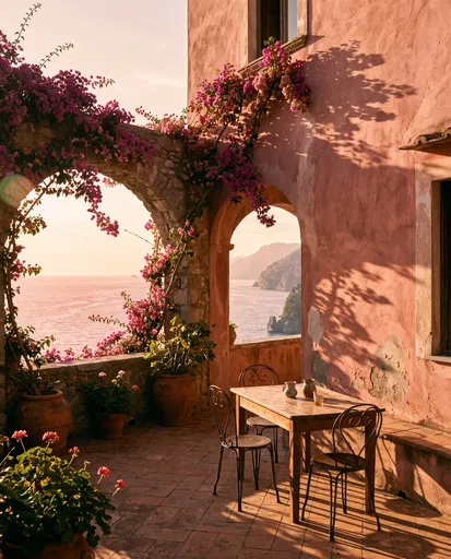 Pink Mediterranean Terrace Overlooking Sunset Sea