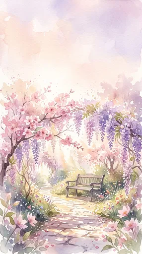 Watercolor Garden Bench Under Floral Arch
