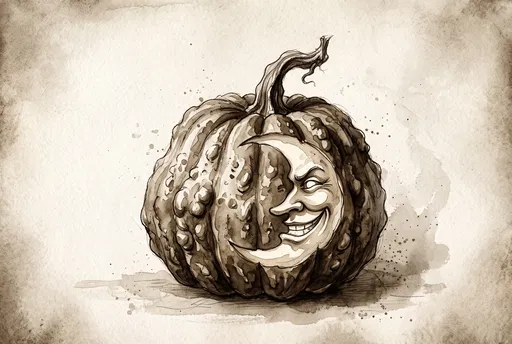 Sepia Watercolor Crescent Moon Pumpkin Illustration