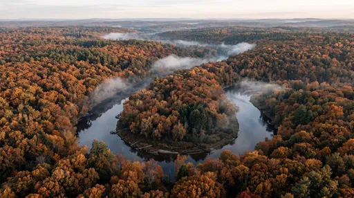 Aerial View of Winding Autumn River