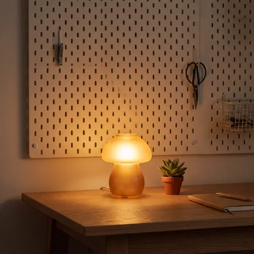 Glowing Mushroom Lamp on Wooden Desk