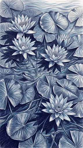 Indigo Colored Pencil Water Lilies Drawing