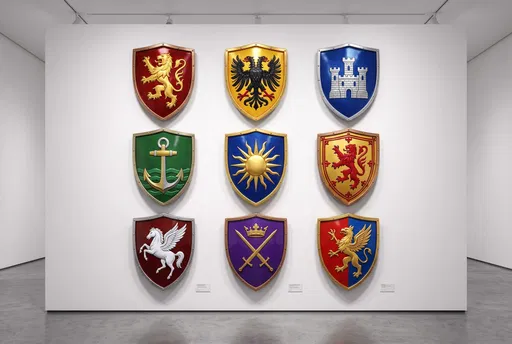Nine Heraldic Shields on Gallery Wall