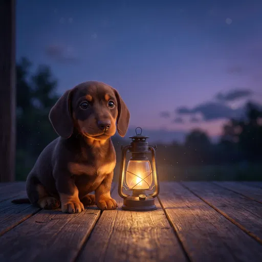 Dachshund Puppy Beside Glowing Lantern at Twilight