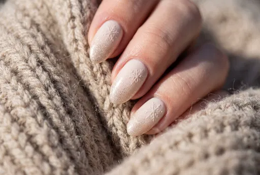 Beige Winter Manicure With Embossed Snowflakes