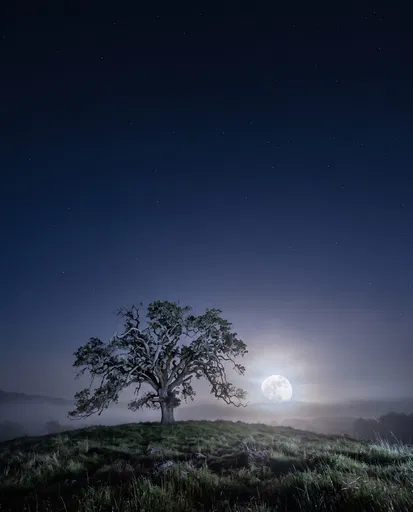 Lone Oak Tree Under Full Moon